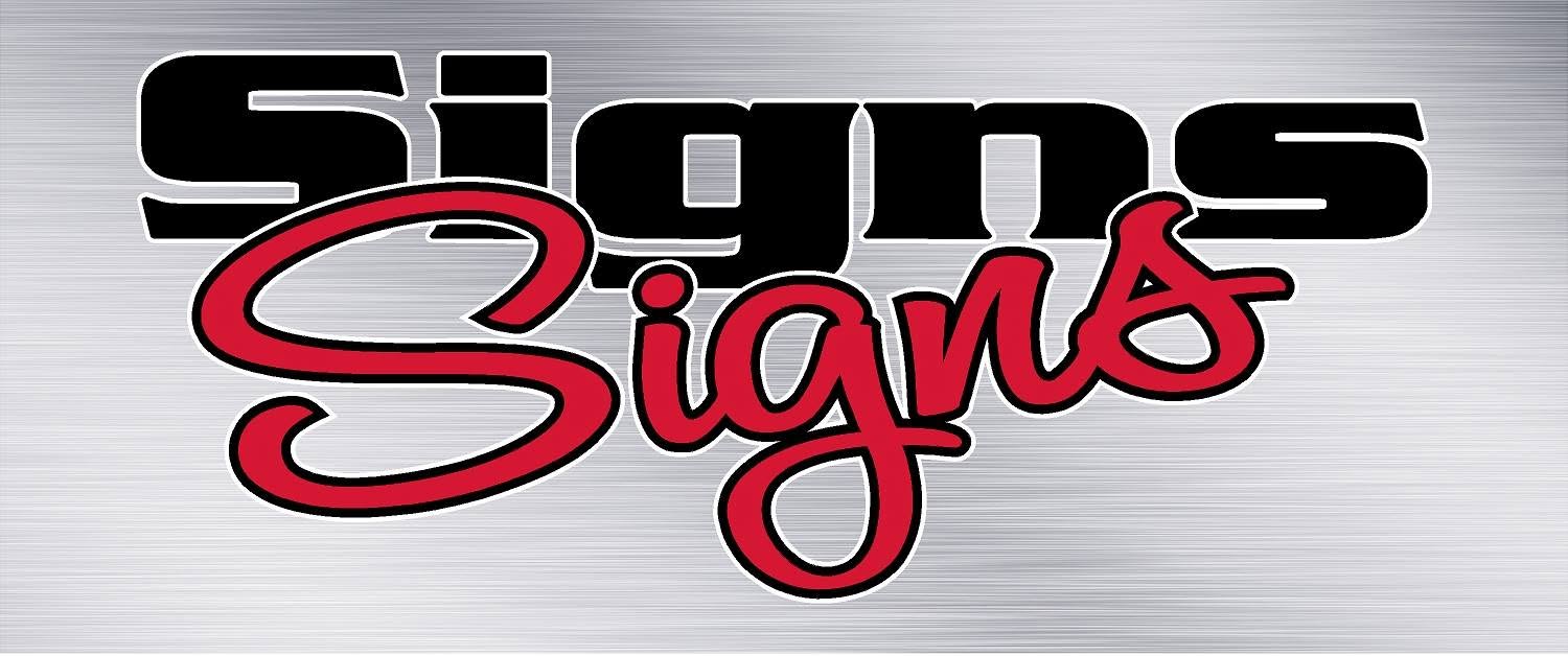 Signs Signs logo: black block lettering above red script lettering on a brushed silver background
